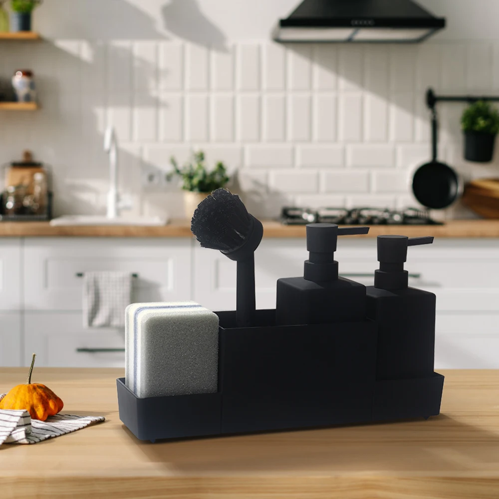 Kitchen Soap Dispenser with Sponge Holder Set for Sink Caddy, Hand Soap and Dish Soap Dispenser with Brush Matte Black