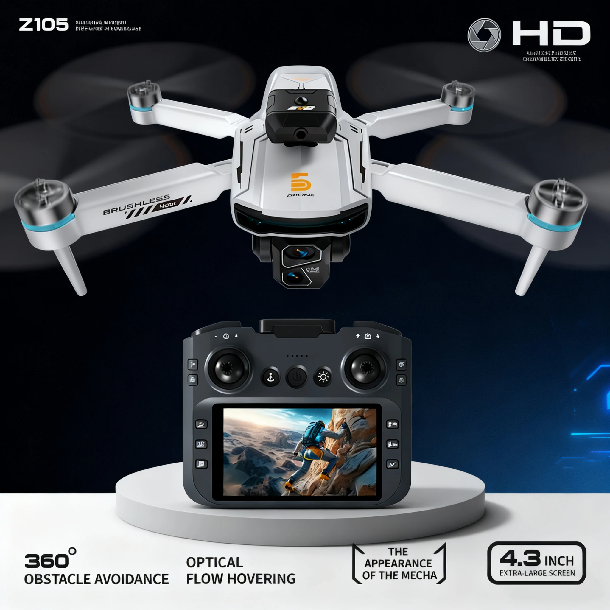 Z105 Drone 155g Lightweight 4.3 Big Screen Remote 4K Camera Optical Flow 360 Obstacle Avoidance Mecha Quadcopter