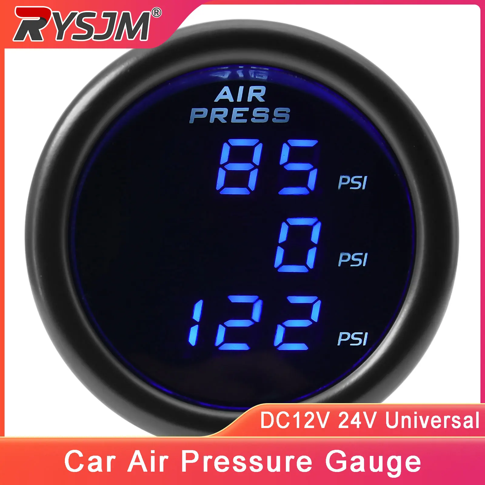 52mm Air Pressure Gauge Triple Dual  Air Bag Press Display With 10mm Sensor Barometer Meter For DC12V-24V Car Vehicle
