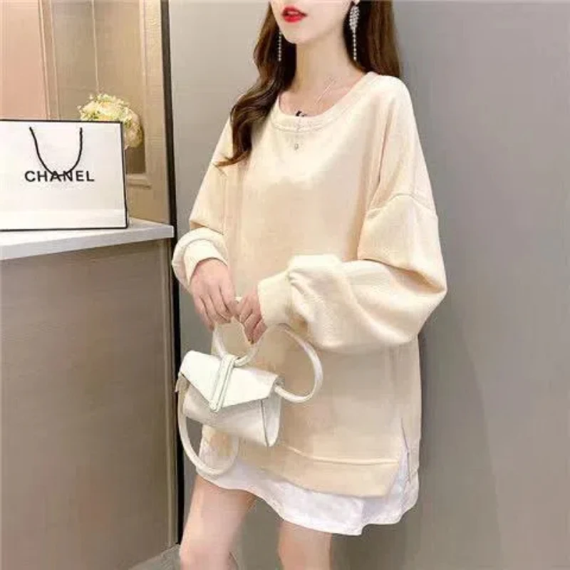 

Women Clothing Fake Two Piece Loose Pullovers Top Spring Autumn New Long Sleeve Contrast Street Casual Hoodies Fashion Trend