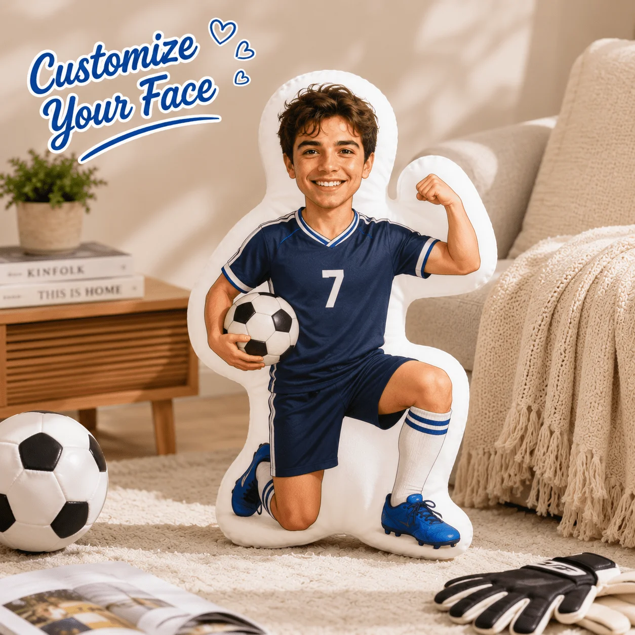 Custom Personalized Photo Face Pillow, Soccer Player Custom Shaped Decorative Cushion, 60CM Large Size Accent Pillow for Sofa An
