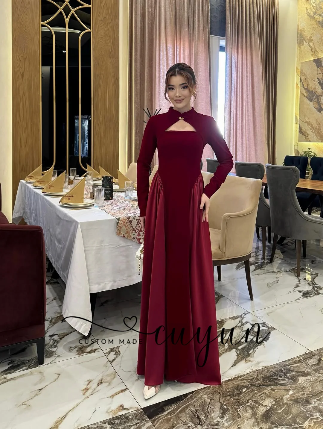 CUYUN Customized Formal Women Dinner Party Dresses High Collar Long Sleeves Red Floor-Length Evening Gown Wedding Guest Dress