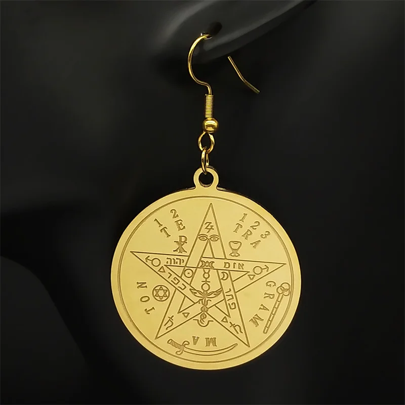 Witchcraft Gothic Gold Color Pentagram Hoop Earrings for Women Stainless Steel Original Tetragrammaton Solomon Amulet Jewelry view 2