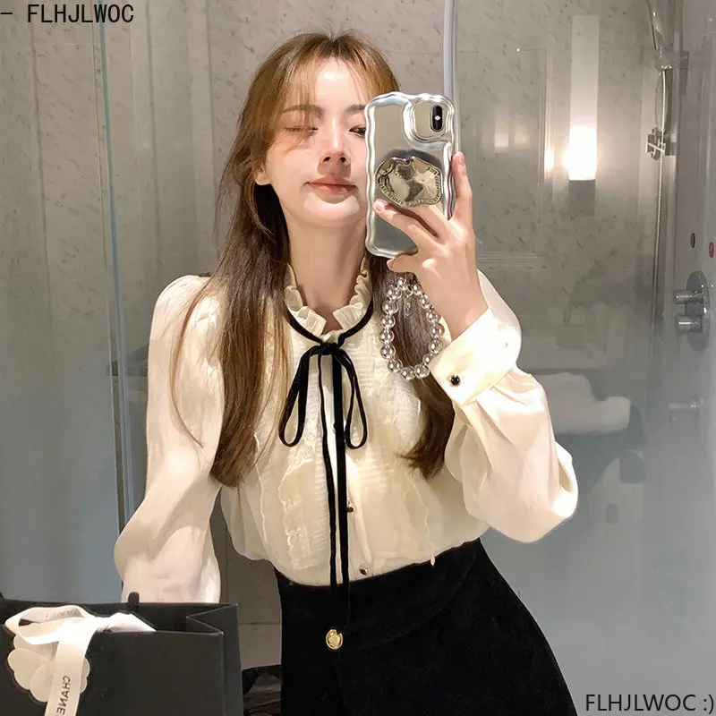 Bow Tie Tops Women Korean Style Japan Design Clothes Long Sleeve Elegant Office Lady Cute Ribbon Sweet Basic Shirts Blouses