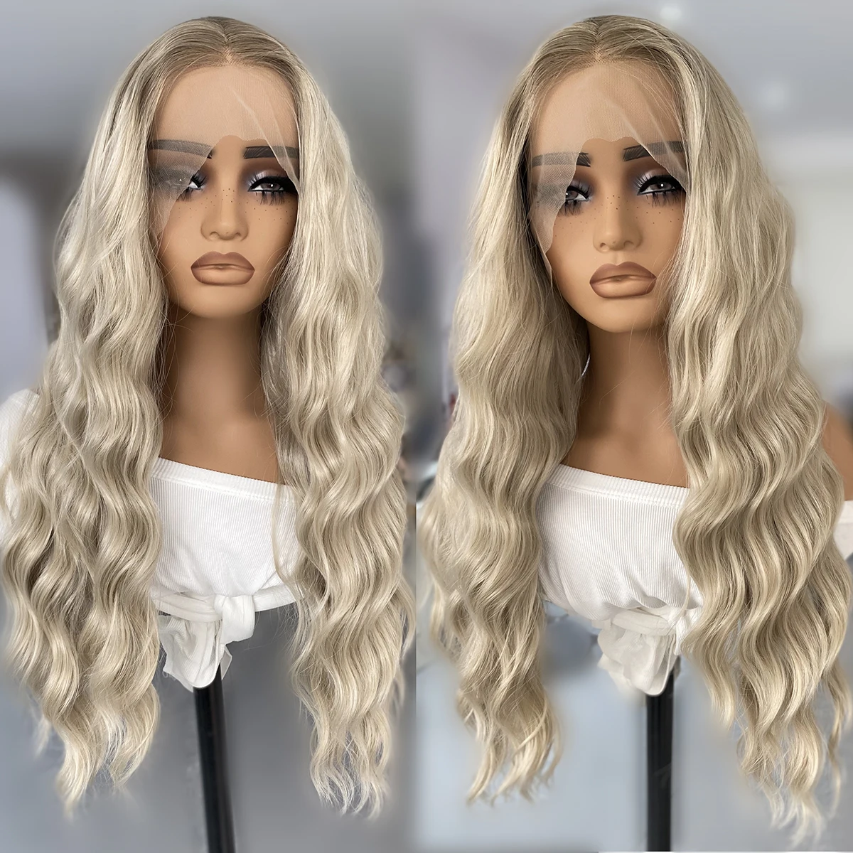 

Ombre Blonde Lace Front Wig 13X4 Glueless Long Body Wave Synthetic Hair Brown Rooted Wigs for Women Natural Hairline Daily Wear