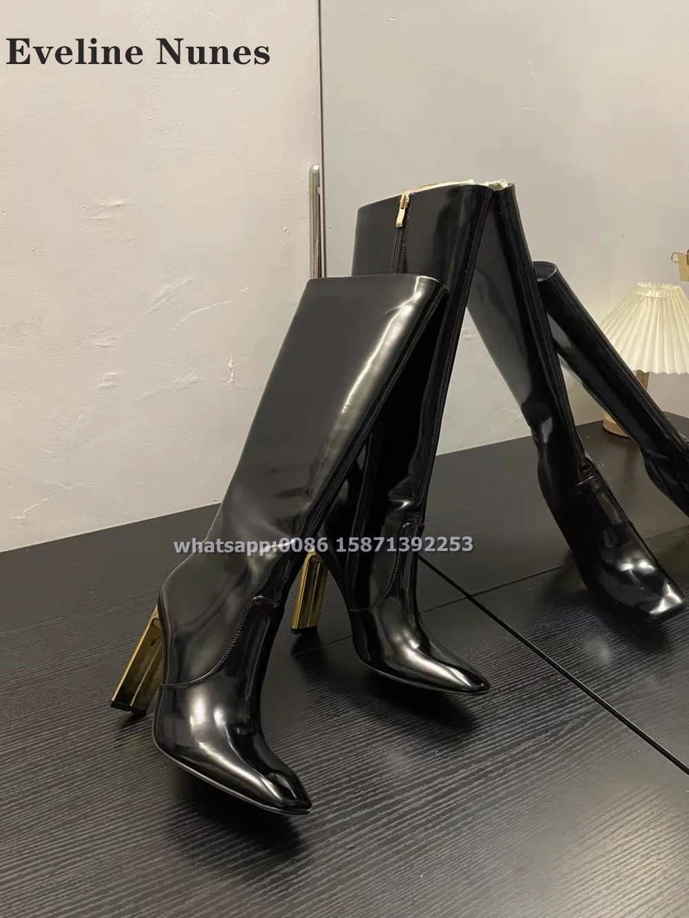 Golden Blade Heel Black Booty Square Toe Height Increasing Patent Leather Knee High Boots Solid Sexy Fashion Booties 2024 Autumn