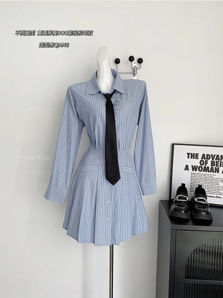 Autumn Korean Preppy Style Striped Shirt Dress With Tie Women 2000s Aesthetic Pleated Frocks Long Sleeve One-Piece Party Y2k New