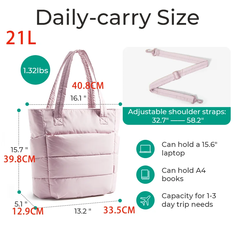 BAGSMART Women's Tote Bag Quilted Shoulder Bag Handbag for Travel Work Gym Lightweight Puffy Tote Bag with Compartments - view 2