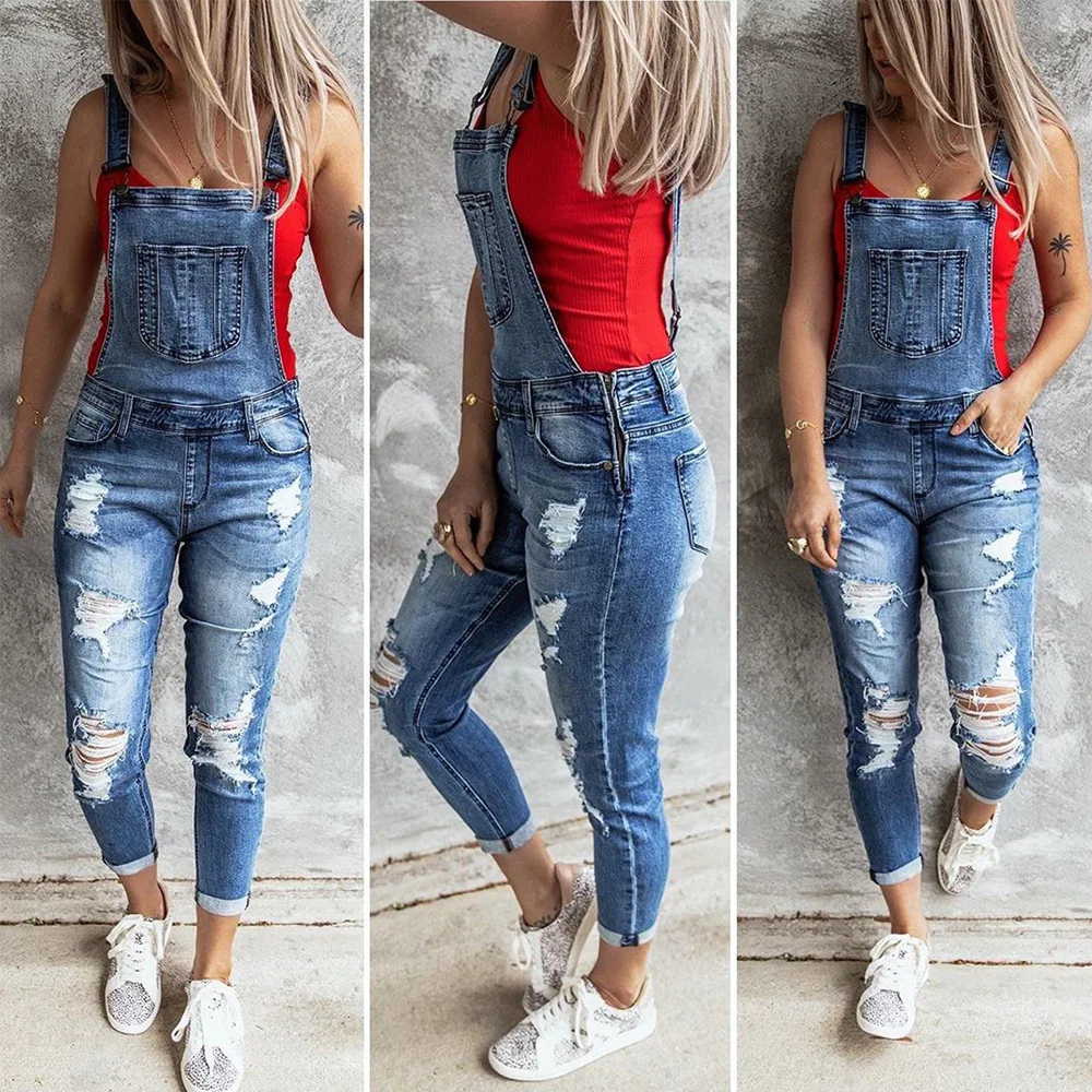 Strap jeans 2026 new women's fashion hole slimming elastic jeans women's strap pants