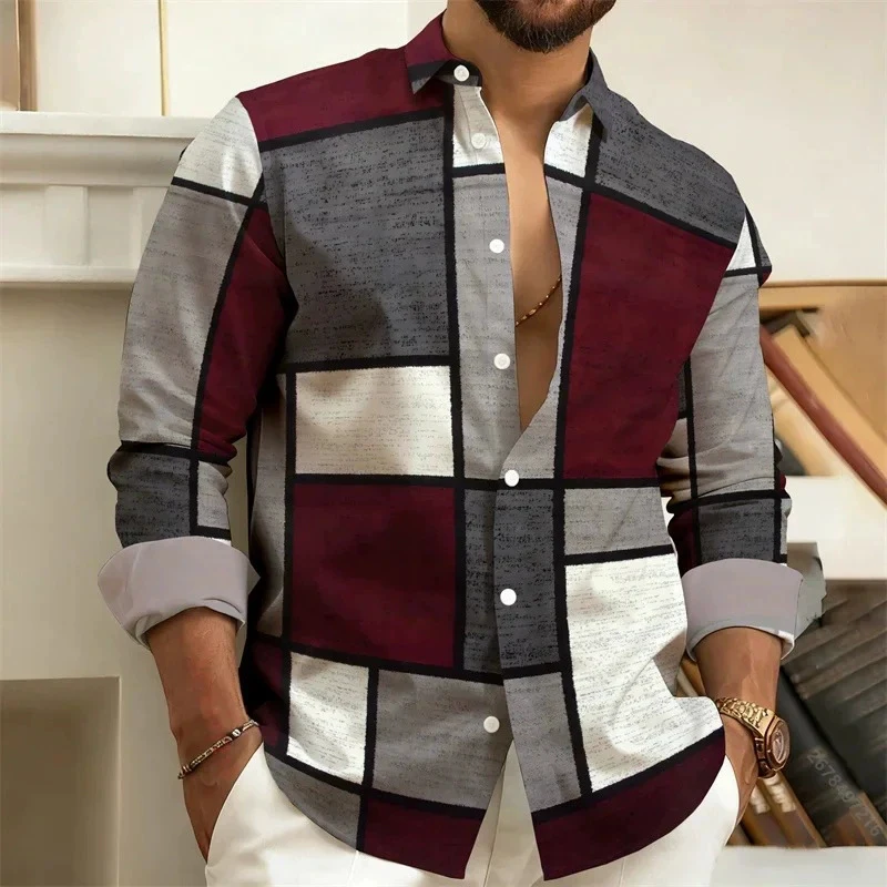 Stylish Mens Long Sleeve Block Shirts 2026 Spring Autumn Casual Turn-down Collar Shirt Men Vintage Button-up Patchwork Cardigans