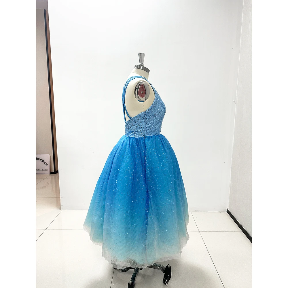 Blauwe gradiëntkleur Avondjurken met lovertjes glanzend O-hals mouwloze baljurken prom Robe Fashion theelengte feestjurken