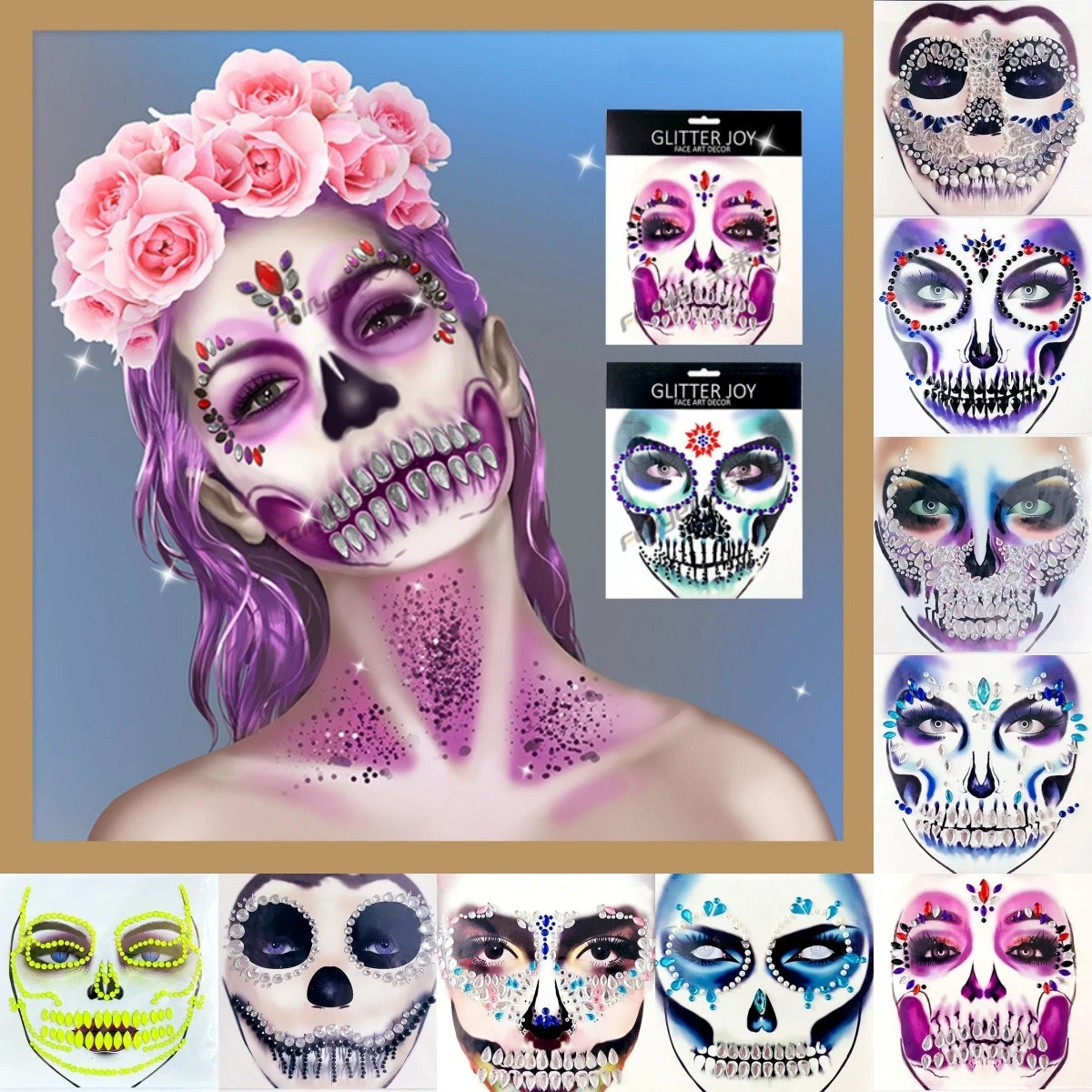 

Shiny Rhinestones Glitter Stickers Temporary Face Eyebrow Tattoos Exaggerated Halloween Cosplay Sexy Fake Tattoo Body Art Decals