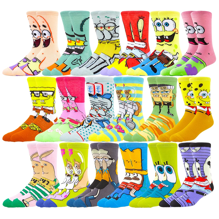 

Bandai SpongeBob Cartoon Socks Men Women Novelty Funny Crew Socks Hip Hop Street Fashion Anime Designs Christmas Halloween Socks