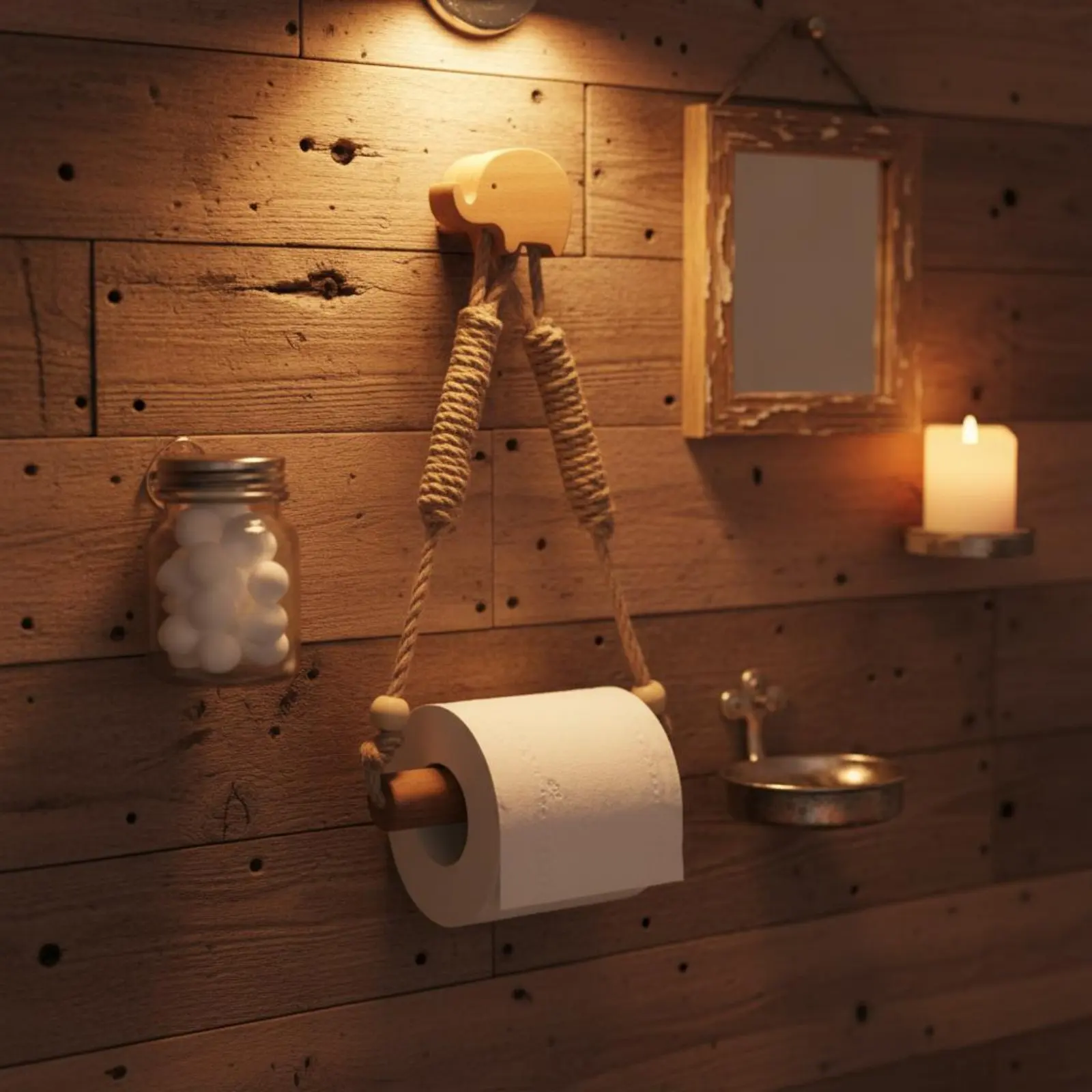 

Rope Toilet Paper Holder No-Hole-Effortless Installation Wood and Rope Tissue Holder Boho Wood Tissue Hanger Handmade Bathroom