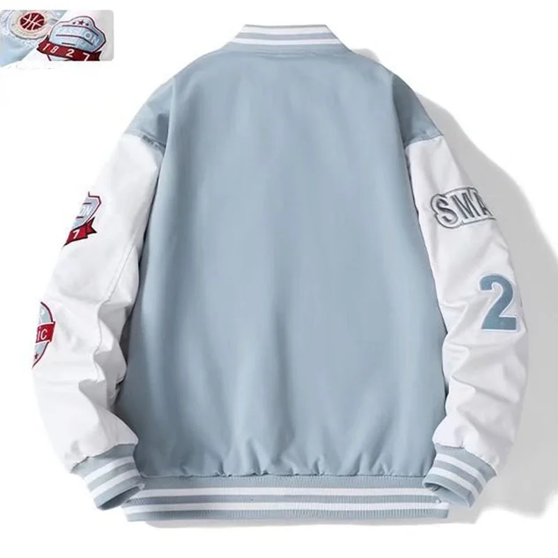 Mens Spring Fall Varsity Jackets Embroidery Korean Fashion Loose Baseball Uniform Couple Blue Retro Leather Sleeve Bomber Coats