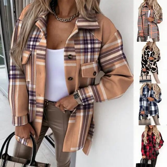 

2025 Autumn Winter New Orange Grid Tie Belt Wool Blend Long Sleeve Coat Women Loose Fashion Trendy Top