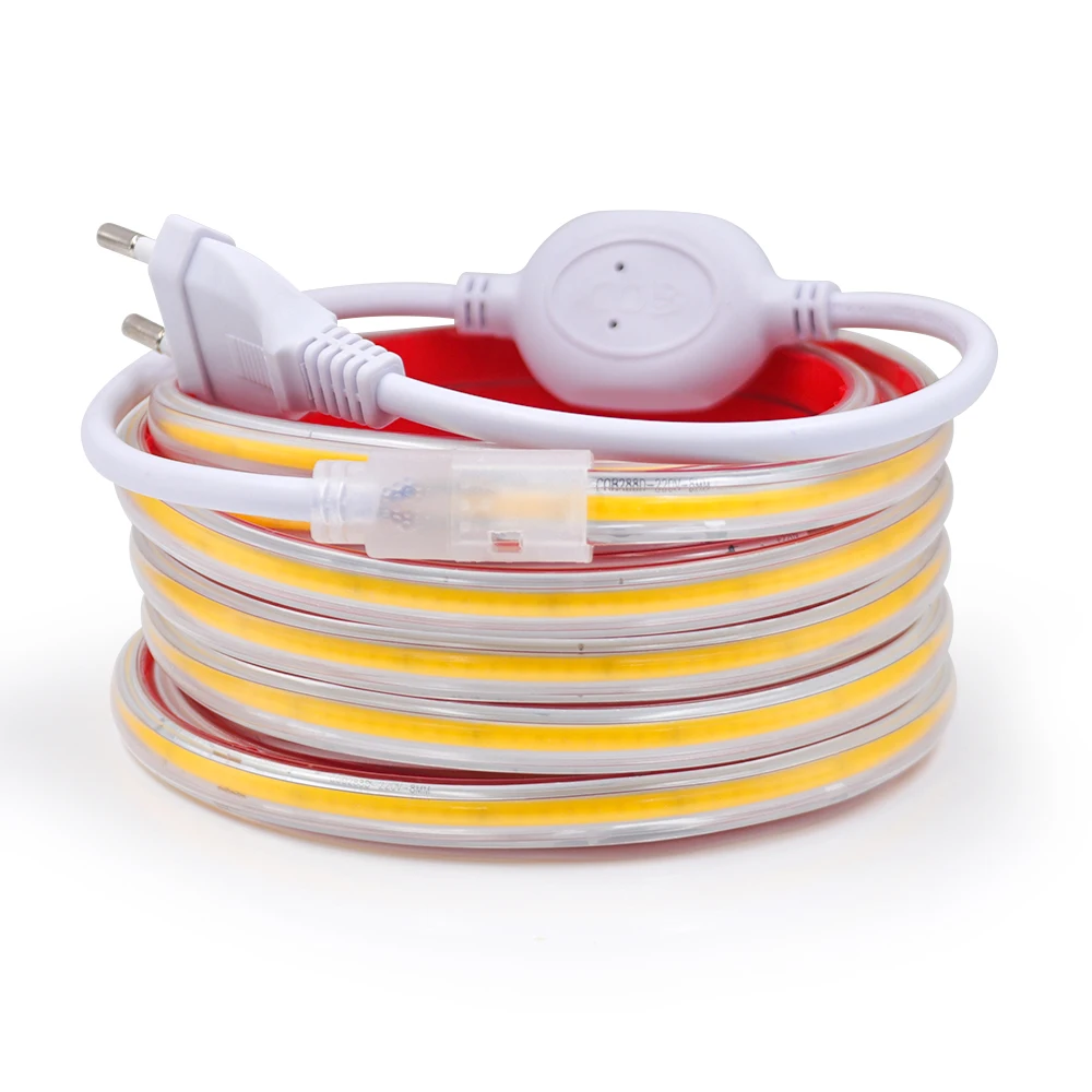 

AC 220V EU UK COB Strip Waterproof 288Leds/M RA85 3000K 4000K 6000K Flexible Ribbon Rope LED Light For Home Garden Decor