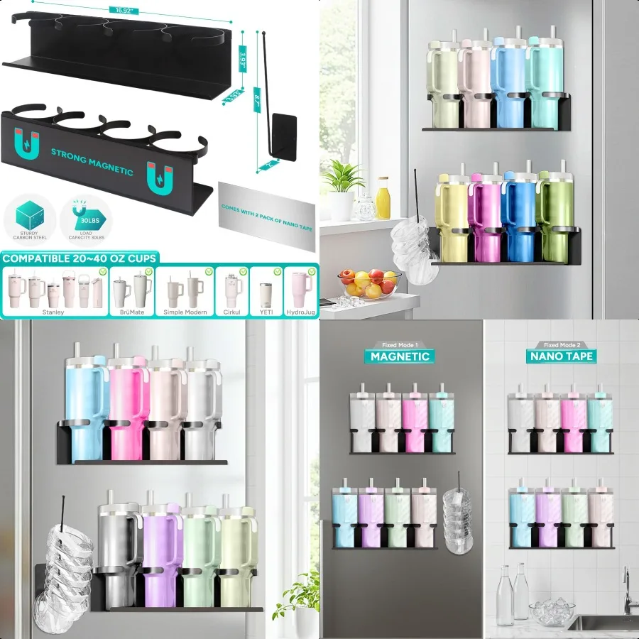 Portavasos magnético para nevera Stanley 20 30 40 oz con organizador de tapa de vaso estante de almacenamiento de botellas de agua magnético fuerte negro 8