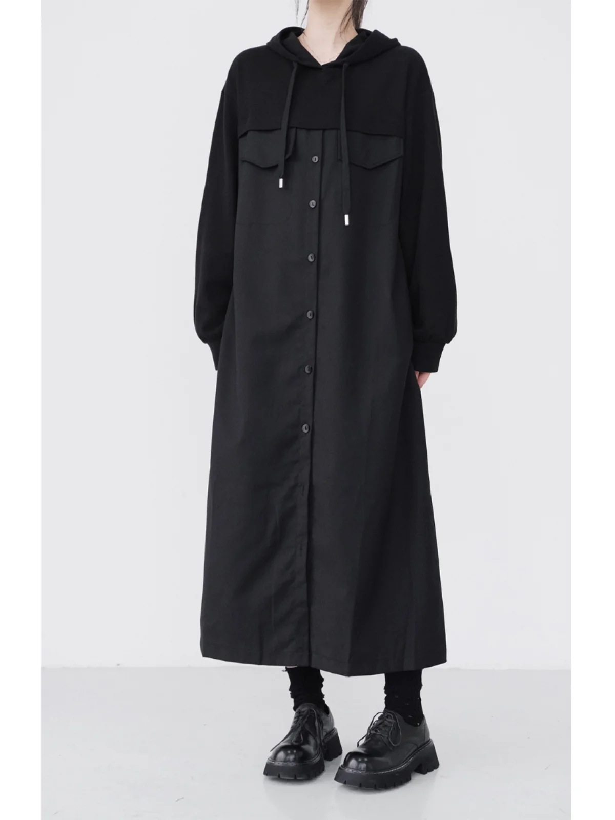 UMI MAO Yamamoto Dark Style Shirt Dress Femme  Loose Hoodie Splicing Black Straight Dress Long Dress Autumn Y2K