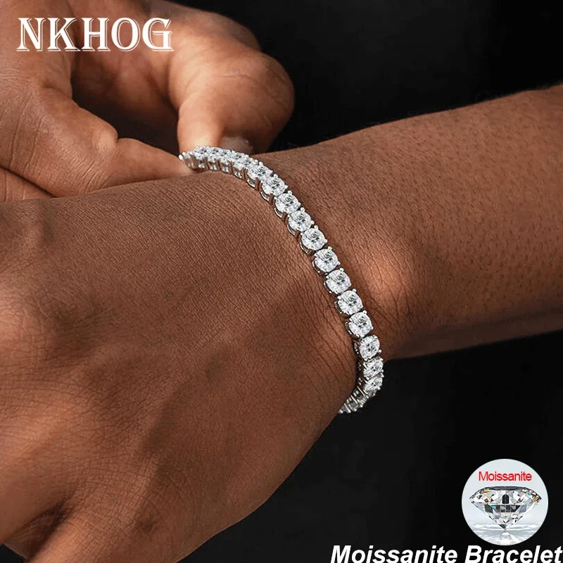 NKHOG 2.5-6.5mm Full Moissanite Tennis Bracelets 925 Sterling Silver 18K Gold Plated For Men Hiphop Bangle Jewelry GRA Certified