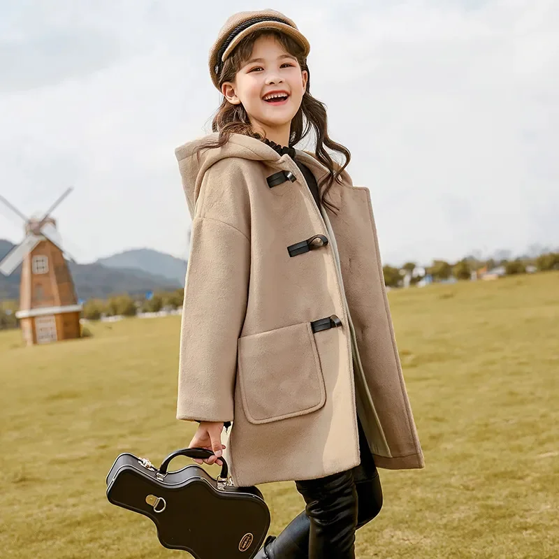 3-14Y of Teens Girls' Woolen Jacket Coat Autumn 2023 New Kids Children's Hooded Fake Fur Winter Wool Cotton Blends Outwear