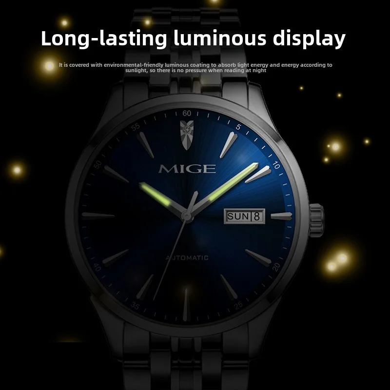 MIGE brand mechanical men stainless steel case business watch Luminous waterproof date and week luxury fashion watch