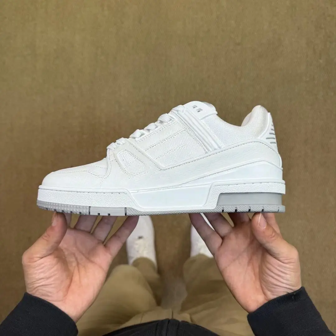 Unisex All White Low Top Skate Sneakers Faux Leather Splicing Lace Up Flat Casual Street Shoes