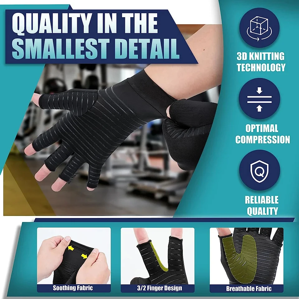 LOOGDEEL 1Pair Copper Compression Arthritis Gloves Fingerless Carpal Tunnel RSI Rheumatoid Tendonitis Hand Pain Computer Typing