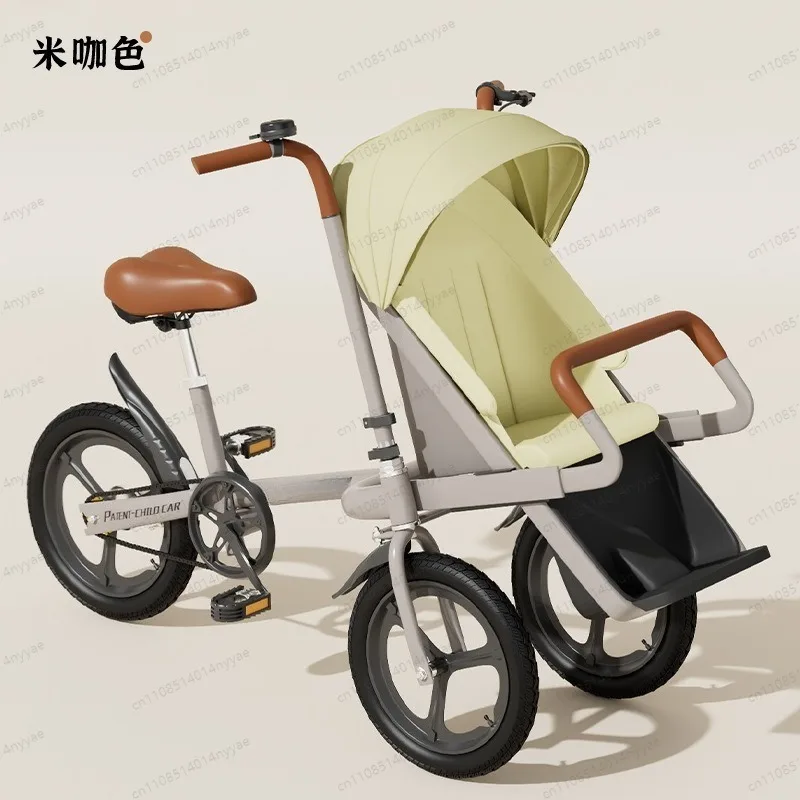 Foldable Parent-Child Tricycle with Child Seat Safety Harness Canopy Push Handle for Toddler Outdoor Riding Travel