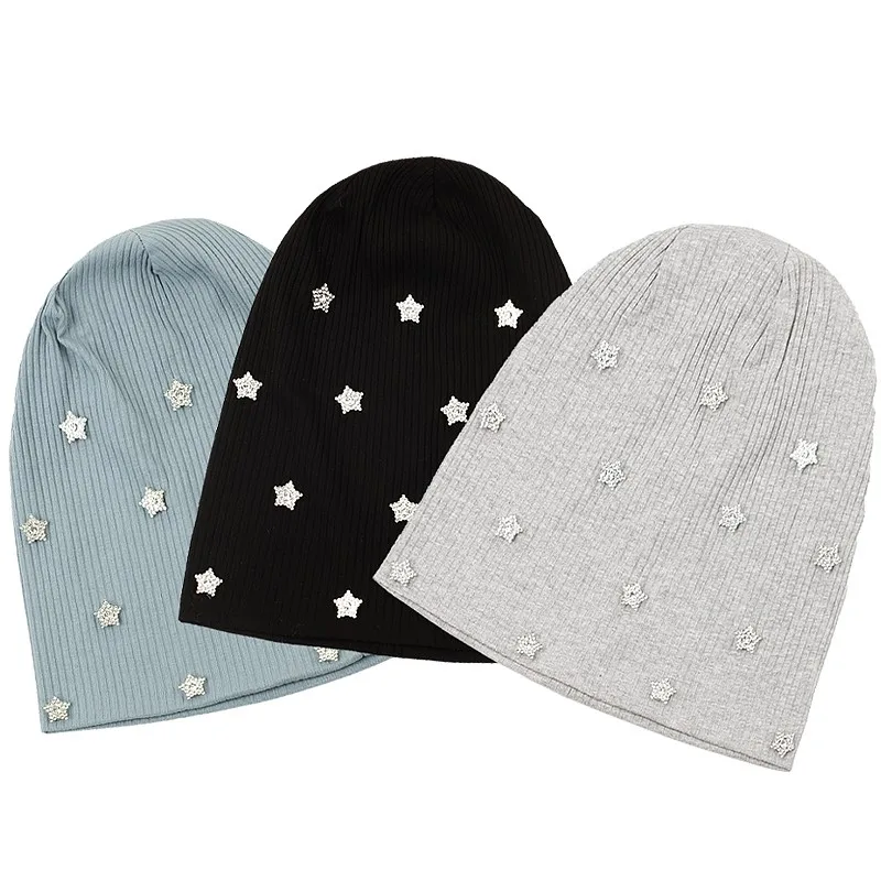 Women Rhinestone Star Ribbed Beanie Hat Autumn Winter Knit Slouch Hat For Ladies Casual Overisze Baggy Hats Customized Stuff