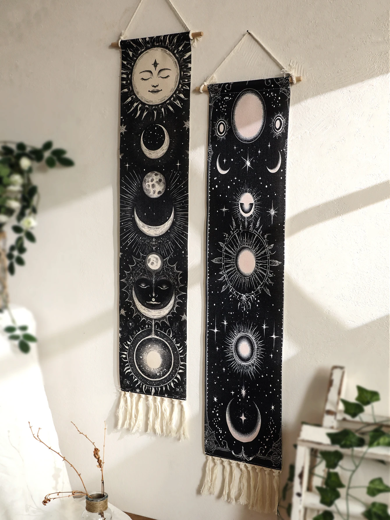 1pc Boho Celestial Wall Hanging Tapestry, Moon Phase Black and White Banner with Tassel, Witchy Bedroom Home Wall Art Decoration