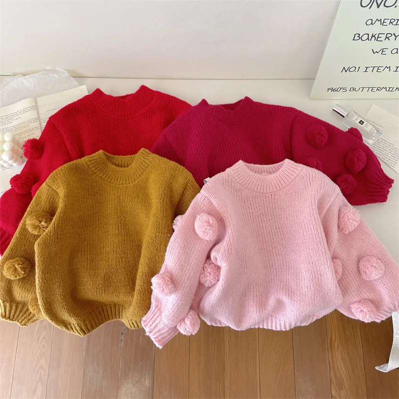 Girls\' sweater 2023 autumn new children\'s foreign style lantern sleeve hairball sweater baby thickened line winter clothing 1-9Y