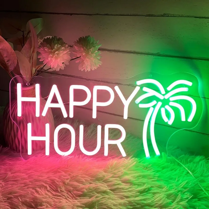 

Happy Hour LED Neon Sign, Coconut Palm Tree Pink Neon Light, Wall Decor Light Sign, Home Bar Club Coffee Bar Hotel Decoration