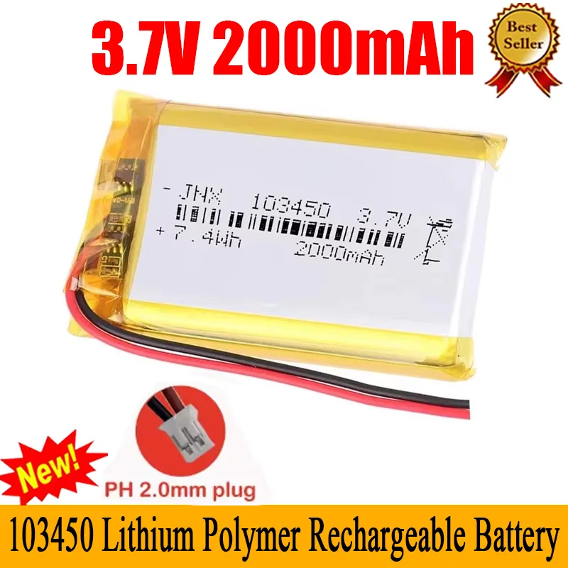 103450 3.7V 2000mAh Polymer Lithium Rechargeable Battery Jst PH 2.0mm 2pin Plug for Camera GPS Navigator MP5 Bluetooth Headset