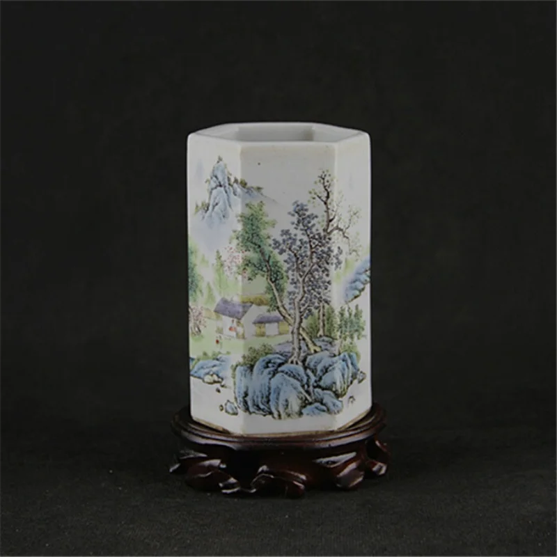 

4.5" Collect China Famille Rose Porcelain Hill Water Scenery Six Sides Brush Pot