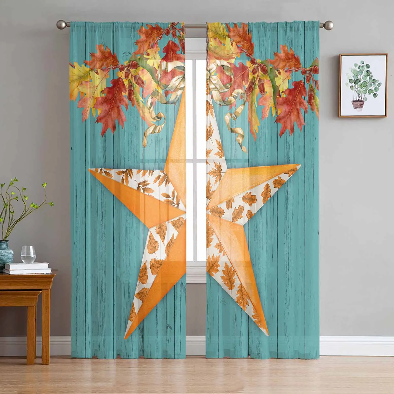 

Autumn Wood Grain Orange Maple Leaf Pentagram Sheer Curtains for Living Room Home Decor Window Voile Tulle Curtain Drapes