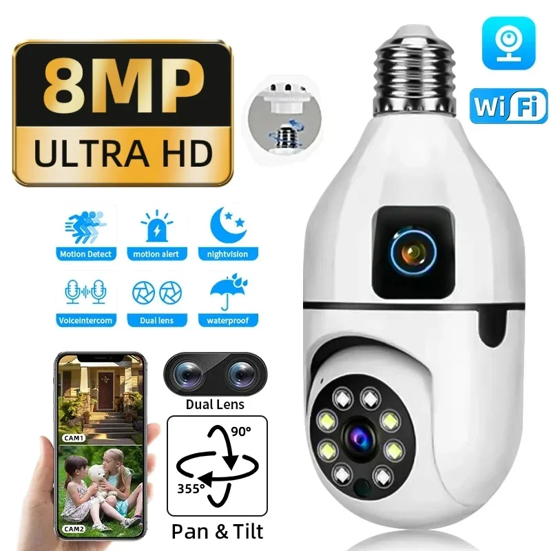 E27 Bulb Wifi Surveillance Camera 8MP Smart Home Dual Lens Camera Support Two-way Audio Color Night Vision Video CCTV Security