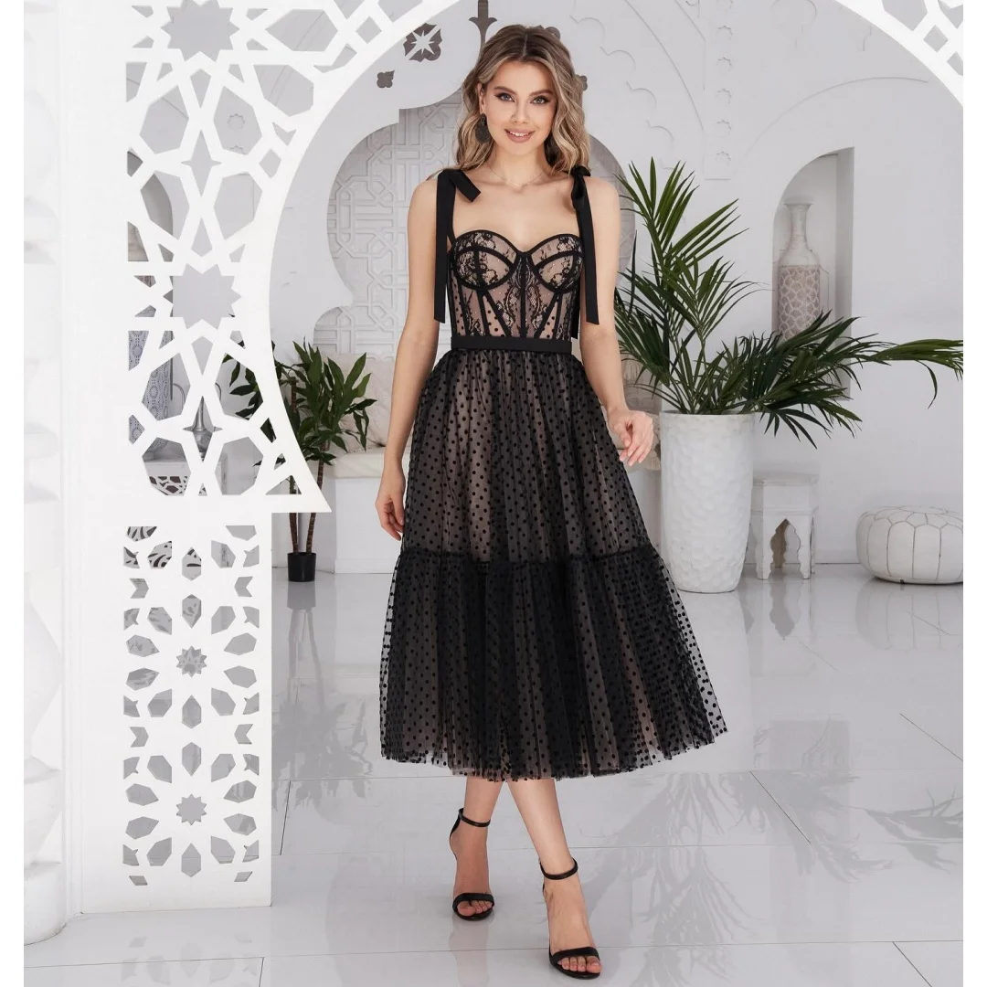 

Черные вечерние платья в горошек длиной до пола, кружевной корсет, свадебное платье, платье трапециевидной формы для выпускного вечера, вечернее платье