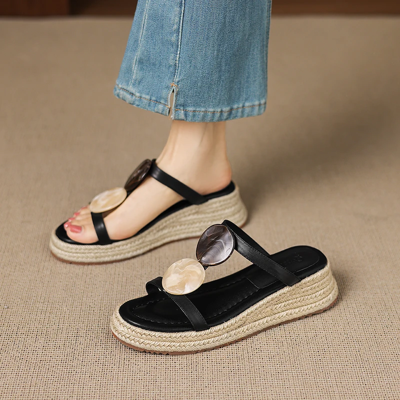 2026 new summer women sandals natural leather plus size 22-25cm cowhide+sheepskin+pigskin mules weave high heel women slippers