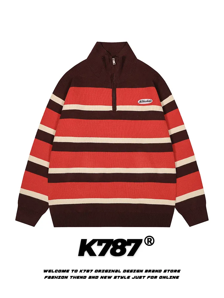 

Вязаный свитер K787 в американском ретро-стиле с полосками и молнией, с воротником-стойкой, для пар, повседневный, свободный крой
