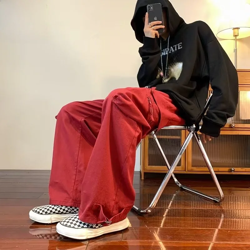 

American Sle Wine Red Men's Summer Wide Leg Pants Oversize High Street Japanese Workwear Trendy Brand Men's Loose Fit Trousers