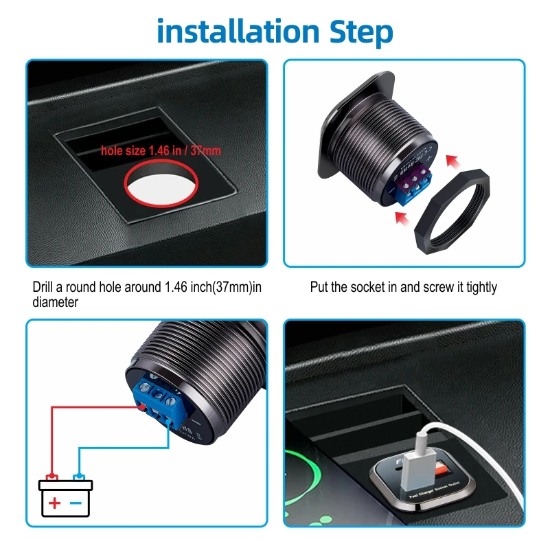 Car Charger Socket with Voltage Display USB Type C PD+QC3.0 Dual Port for 12V/24V Motorcycle Truck Boat Phone Fast Charging