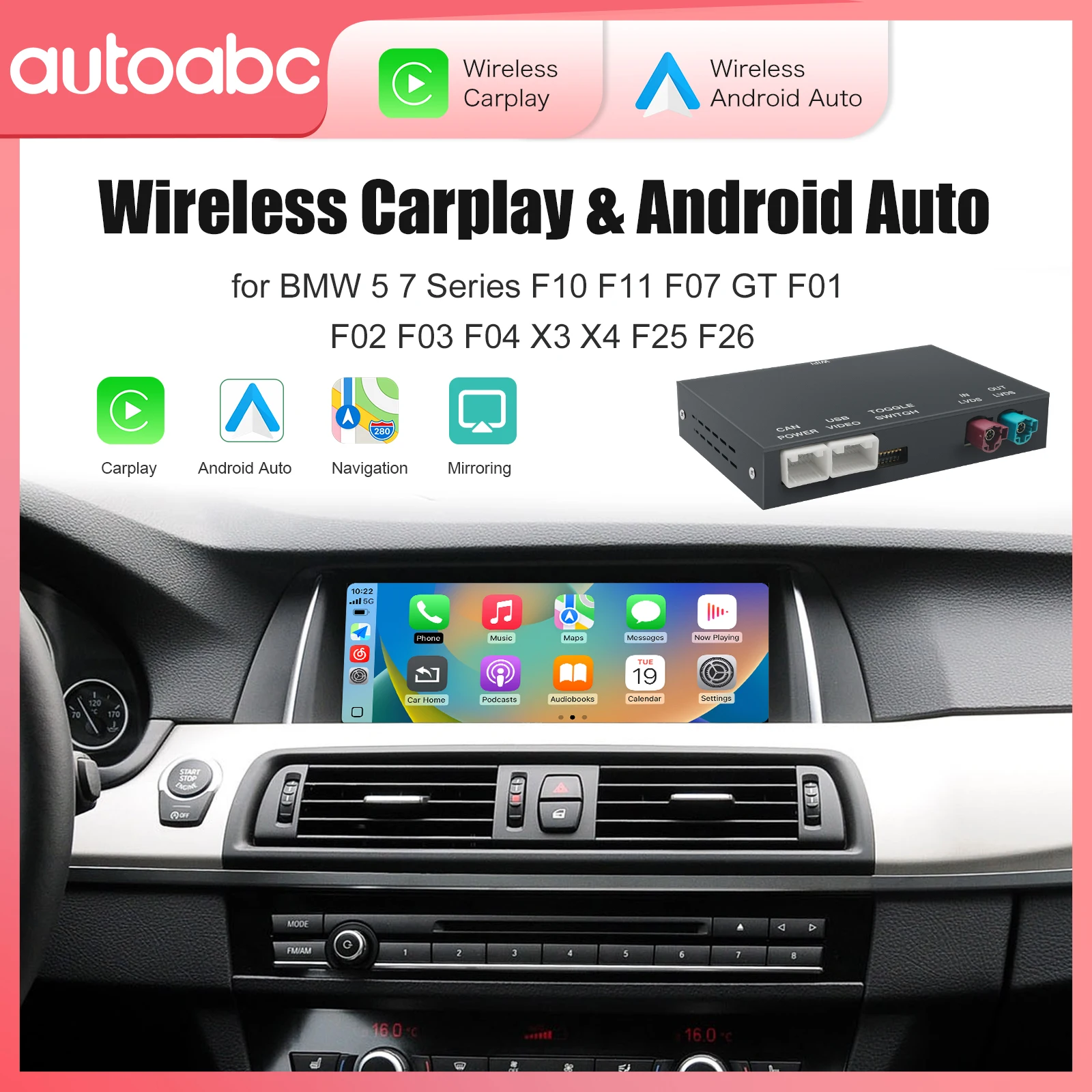 Kabelloses CarPlay Android Auto Modul für BMW 5er 7er Serie F10 F11 F07 GT F01 F02 F03 F04 X3 X4 F25 F26 Mit Mirror Link