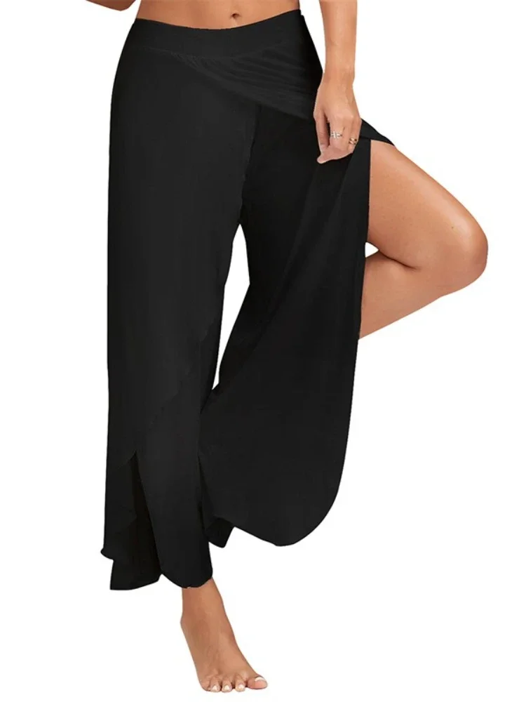 

Women's Wide Leg Pants Summer Fashion Fitness Dance Yoga High Split Trousers Ladies Elastic Waist Casual Workout Solid Clothing