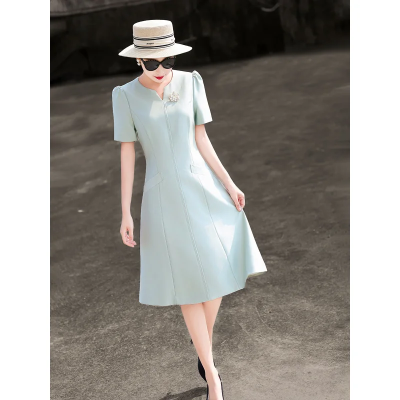 

MEXCOCO 2026 New Summer Elegant Faux Silk Short Sleeve Split Neck Waist Slim Midi Dress Pocket Office A Line Dress