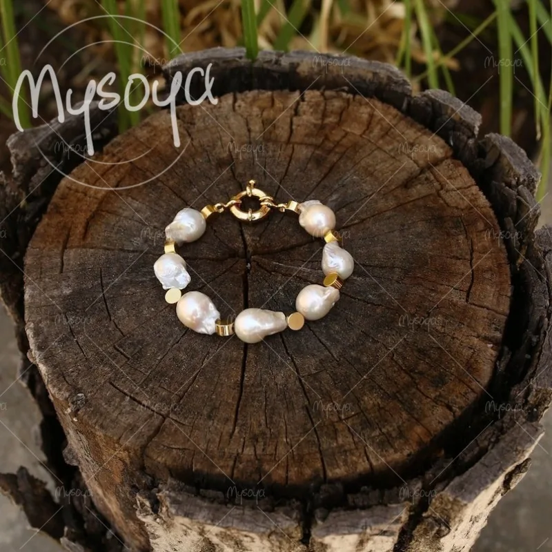 

MYSOYA 12-13mm White Baroque Freshwater Pearl Bracelet with Gift Box, for Him/ Her, Suitable for Birthday/ Wedding Gift A0258