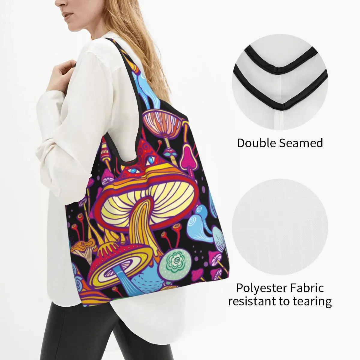 Psychedelic Mushrooms Reusable Shopping Grocery Bags Foldable 50LB Weight Capacity Hippie Mushroom Eco Bag Eco-Friendly Ripstop