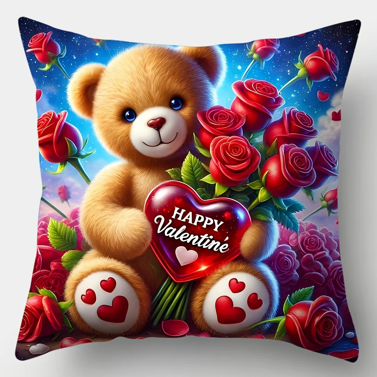 Valentine's Day Decor Pillowcase Designed with Cute Teddy Bear and Red Rose Patterns To Decorate The Sofa or Room 4PCS or 1PC