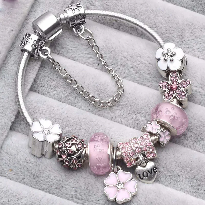 

New 925 Sterling Silver Original Flower Beads Pan Dora Moments Bracelet Three Colors Shili Peach Blossom DIY Bracelet Jewelry