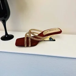 Luxury Rhinestone Women Shoes 2025 New Korean Fashion Women's Leopard Print Slippers Fashionable Outer Wear High Heel Slippers